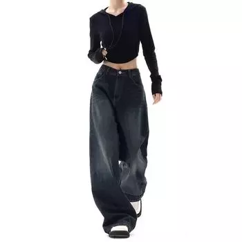 Женские широкие джинсы большого размера, корейская мода, мешковатые джинсовые брюки в стиле Харадзюку, уличная одежда, винтажные осенние повседневные брюки Y2k, тренд 2XL чёрный