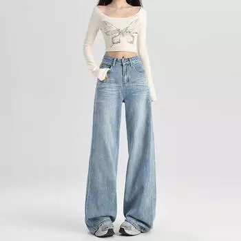Женские широкие джинсы брюки синие весна осень с высокой талией свободные джинсовые брюки винтажная повседневная одежда Y2k большие размеры S синий