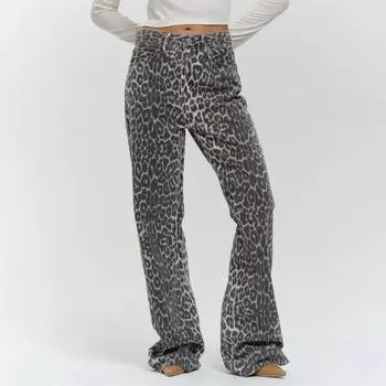 Женские широкие джинсы с высокой талией и пуговицами на молнии, длинные брюки с леопардовым принтом, свободные длинные брюки, карманы, дизайн, повседневные брюки M чёрный