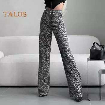 Женские широкие джинсы с высокой талией и пуговицами на молнии, длинные брюки с леопардовым принтом, свободные длинные брюки, карманы, дизайн, повседневные брюки S темно-серого