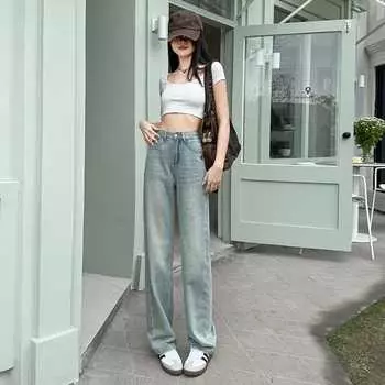 Женские широкие джинсы с высокой талией, прямые брюки с контрастными вставками, осенние свободные брюки для леди, уличная одежда XXXL синий