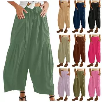 Женские широкие льняные брюки больших размеров со средней талией, летние мешковатые брюки XXXXL