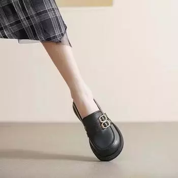 Женские широкие мокасины: Черная кожа, британский стиль, низкий каблук, весна/осень 666