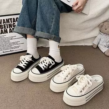 Женские широкие парусиновые кроссовки, парусиновые туфли без шнуровки, шлепанцы-мулы, кроссовки с открытой спиной и широким носком 35 белый