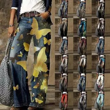 Женские широкие прямые повседневные брюки с карманами на молнии с цветочным принтом и пуговицами без пояса, брюки из искусственного денима с высокой талией M синий