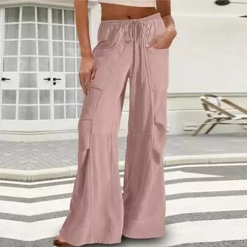 Женские широкие спортивные штаны Эластичные с высокой посадкой Длинные брюки Повседневные свободные штаны для йоги с карманами L розовый