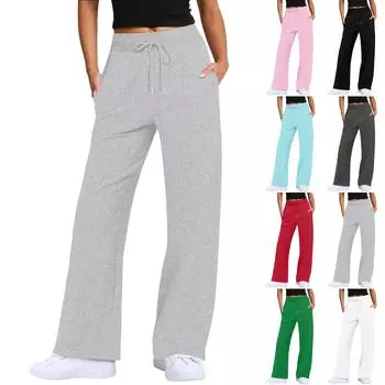 Женские широкие спортивные штаны с высокой талией и завязками для тренировок, спортивные повседневные брюки с карманами L чёрный