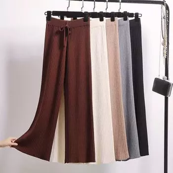 Женские широкие трикотажные брюки Широкие брюки Эластичные брюки с высокой талией Драпированные брюки для женщин Ребристые прямые широкие брюки уличная одежда осень one size кофейный
