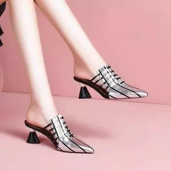 Женские шлепанцы из натуральной кожи с закрытым носком, модные шлепанцы на высоком каблуке, весенне-летняя обувь, острый носок, серебристый, Прямая поставка 35 серебряный
