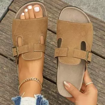 Женские шлепанцы из пробки с пряжкой на ремешке, повседневная летняя пляжная обувь с открытым носком, универсальные шлепанцы на плоской подошве для активного отдыха 36 хаки