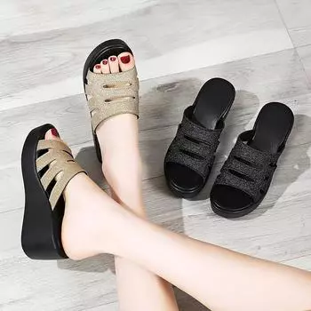Женские шлепанцы, летние базовые уличные нарядные шлепанцы с открытым носком, повседневные тапочки на платформе с толстой подошвой, большие размеры 35 чёрный