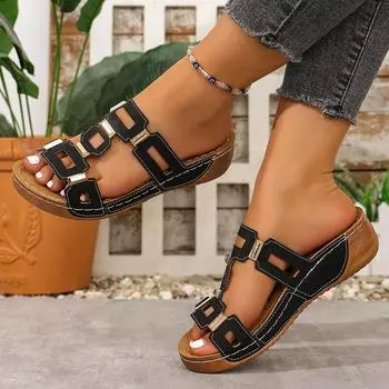 Женские шлепанцы летние противоскользящие повседневные шлепанцы комфортные сандалии-клинья с двойной пряжкой модная пляжная обувь слайды на платформе женские 36