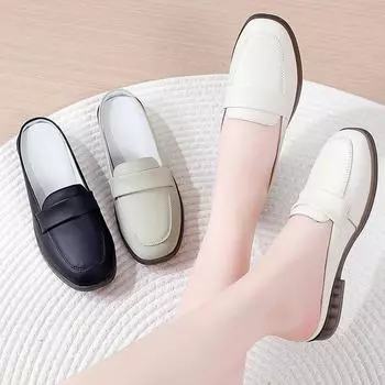 Женские шлепанцы, мягкие шлепанцы, лоферы, повседневные элегантные летние дышащие кожаные черные мокасины без шнуровки 35 чёрный