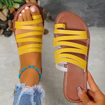 Женские шлепанцы на плоской подошве с петлей для носка, повседневные туфли без шнуровки из искусственной кожи, летние пляжные шлепанцы 36 жёлтый