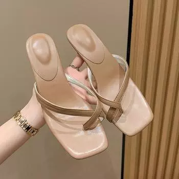 Женские шлепанцы на среднем каблуке, женские сандалии с узкой лентой и туфли-лодочки на каблуке «котенок», модные шлепанцы, летняя женская обувь 35