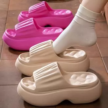 Женские шлепанцы на толстой платформе, лето 2025 г., нескользящие, толстые, подошва Eva, пляжные шлепанцы, женские, плиссированные, сандалии на танкетке 36-37 хаки