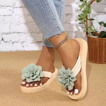 Женские шлепанцы на толстой танкетке, модные удобные домашние тапочки с цветочным декором, повседневные легкие пляжные шлепанцы 36