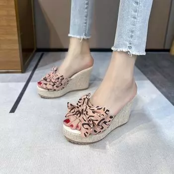 Женские шлепанцы на высокой танкетке, сандалии, тапочки на платформе с бантом, женские туфли без шнуровки, женские шлепанцы, повседневные шлепанцы с открытым носком 35