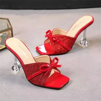 Женские шлепанцы на высоком каблуке 9 см с бантом, женские шлепанцы на прозрачном каблуке, летние шлепанцы с блестками, красные туфли с узлом-бабочкой 35 красный