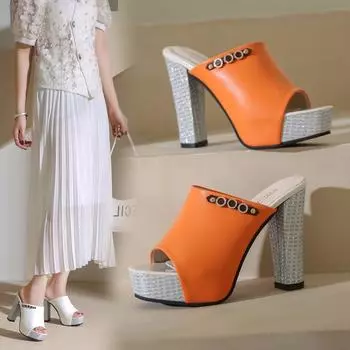 Женские шлепанцы на высоком каблуке и платформе с круглым открытым носком, сандалии-мулы на массивном блочном каблуке для женщин, летние шлепанцы-лодочки с открытой спиной, свадебные модельные туфли без шнуровки 34 белый