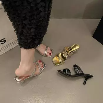 Женские шлепанцы на высоком каблуке, женские летние платья с квадратным носком, вечерние тапочки, женские туфли-лодочки на шпильке, женские слипоны Sandalias Mujer 34 серебряный