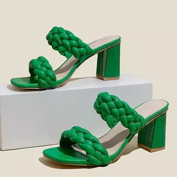 Женские шлепанцы на высоком квадратном каблуке в ромском стиле, модные повседневные сандалии с зеленым тканым ремешком, женская летняя обувь с открытым носком, ползунки 36 зелёный