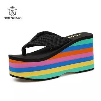 Женские шлепанцы, пляжная обувь, босоножки на танкетке, каблук 6 см, 10 см, повседневные тапочки с открытым носком на платформе, радужные летние женские тапочки 34 чёрный