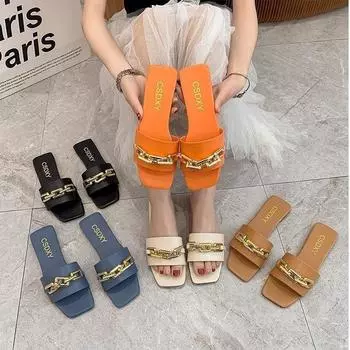 Женские шлепанцы, повседневная обувь, большие размеры, тапочки на плоской подошве с металлической пряжкой, летняя пляжная обувь для женщин 35 оранжевый