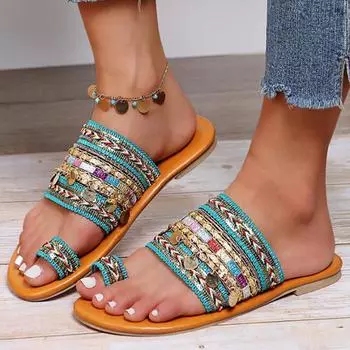 Женские шлепанцы, повседневные шлепанцы с бисером, летние нарядные пляжные туфли без шнуровки на плоской подошве 36 синий