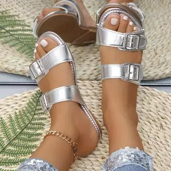 Женские шлепанцы с эффектом металлик, повседневные летние туфли на плоской подошве с открытым носком, легкие дизайнерские туфли с двойным ремешком и пряжкой 36 золотой