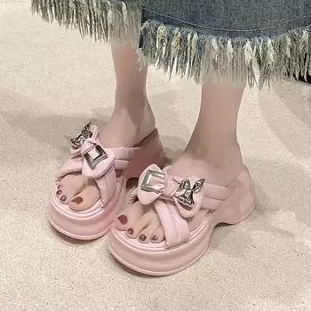 Женские шлепанцы с бантом на плоской подошве, женские летние шлепанцы 2024 года, женские мюли на толстой подошве, модные повседневные удобные шлепанцы для активного отдыха 34 бежевый
