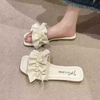 Женские шлепанцы с декором из искусственного жемчуга, сандалии с отделкой с рюшами, износостойкие шлепанцы на плоской подошве с открытым носком, летние песчаные пляжные сандалии, женская обувь 40