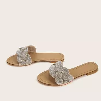 Женские шлепанцы с круглым носком, сандалии на плоской подошве, тапочки с кристаллами, лаконичный брендовый дизайн, женская модная повседневная обувь, летняя абрикосовая обувь 42 35 миндальный