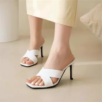 Женские шлепанцы с квадратным носком, босоножки на тонком высоком каблуке, лаконичные тапочки, пикантный дизайн, женская модная обувь, летняя черная, белая, 46 33 чёрный