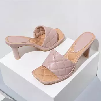 Женские шлепанцы с квадратным носком, босоножки на высоком толстом каблуке, шлепанцы на платформе, женская модная повседневная обувь, лето, черный, хаки, 42 37 чёрный