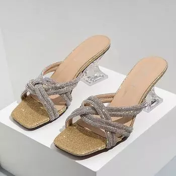 Женские шлепанцы с квадратным носком, необычные стильные сандалии на высоком каблуке, тапочки со стразами, женская модная повседневная обувь, лето, золото 42 37 золотой