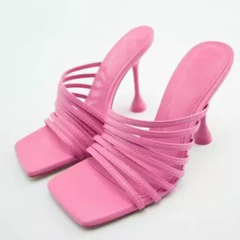 Женские шлепанцы с квадратным носком, необычные стильные сандалии на высоком каблуке, тапочки с узкими ремешками, женская модная обувь для вечеринок, летняя золотая 42 35 золотой