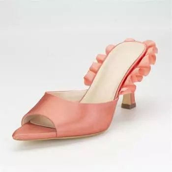 Женские шлепанцы с острым носком, босоножки на тонком высоком каблуке, тапочки с оборками, пикантный дизайн, женская модная обувь, летняя оранжево-красная обувь, 42 36 оранжево-красный