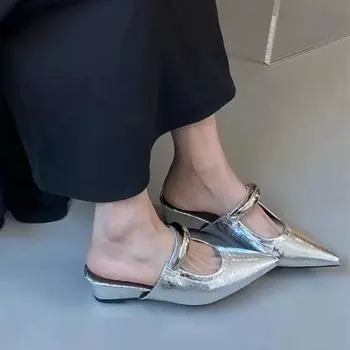 Женские шлепанцы с острым носком и металлической пряжкой, женские удобные модные босоножки на низком каблуке, дизайнерские туфли-лодочки для женщин 35 серебряный