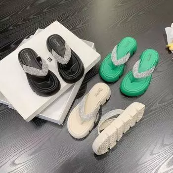 Женские шлепанцы с поддержкой арки, удобные повседневные пляжные вьетнамки, сандалии на танкетке со стразами, шлепанцы на платформе, летние тапочки на подушке 36-37(for 35-36)