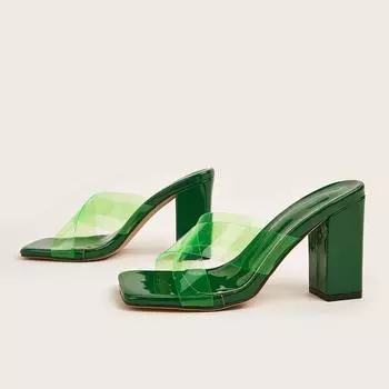 Женские шлепанцы, сандалии на массивном высоком каблуке с квадратным носком, прозрачные тапочки, женская модная повседневная обувь, летние зеленые 42 35 зелёный