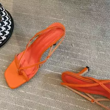 Женские шлепанцы, сандалии с квадратным носком, на толстом высоком каблуке с узким ремешком, женская модная карьерная обувь, летняя оранжевая абрикосово-черная обувь 35 миндальный