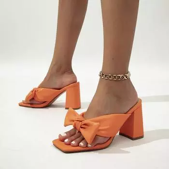 Женские шлепанцы, шлепанцы с квадратным носком, босоножки на толстом высоком каблуке, плиссированные тапочки с бантом, женская модная обувь, летняя оранжевая обувь 42 35 чёрный
