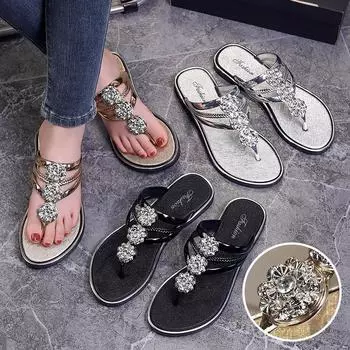 Женские шлепанцы со стразами, летние блестящие босоножки с круглыми бриллиантами, удобные сандалии на плоской подошве для пляжа, отпуска 36 чёрный