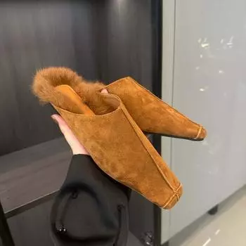 Женские шлепанцы, тапочки, флок, повседневные мюли, туфли на меху, 2024, новые поступления, коричневые, черные, туфли для вечеринок, женские размеры 35-39 35 чёрный