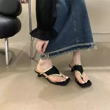 Женские шлепанцы, туфли-лодочки на каблуке, сандалии-стринги с квадратным открытым носком для женщин, шлепанцы на низком каблуке с Т-образными ремешками, летние удобные нарядные туфли-лодочки для женщин 35 чёрный