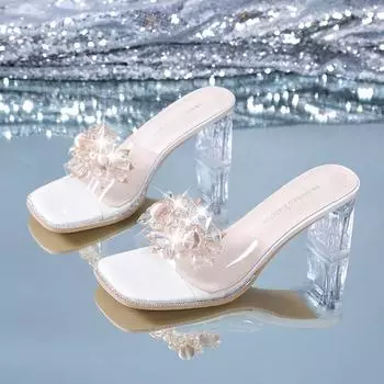 Женские шлепанцы, женская обувь на квадратном высоком каблуке, шлёпанцы, прозрачные летние тапочки с кристаллами, большие размеры 35 бежевый