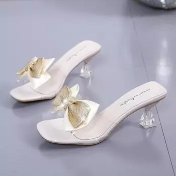 Женские шлепанцы, женская обувь на необычном высоком каблуке, однотонные летние шлепанцы с узлом бабочкой и кристаллами, большие размеры 35 бежевый