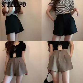 Женские шорты больших размеров, верхняя одежда, свободный узкий костюм с высокой талией, брюки с широкими штанинами S чёрный