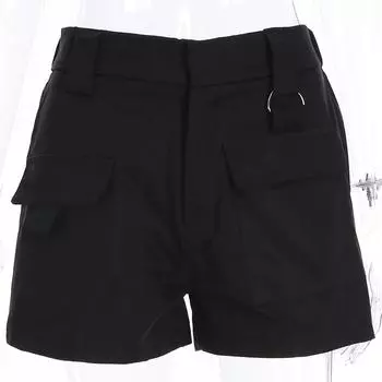 Женские шорты цвета хаки с высокой талией, летние карманы, офисные женские шорты, повседневные свободные короткие брюки S чёрный